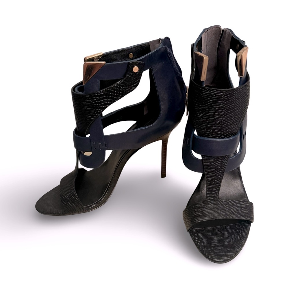 Rachel Roy Larson Open Toe Heel with Gold Metal Hardware Navy/Blk Leather NIB